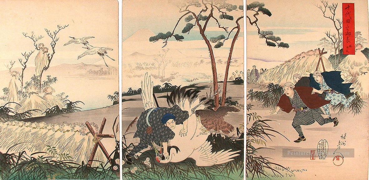 visite à la chasse aux grues 1898 Toyohara Chikanobu Bijin okubi e Peintures à l'huile